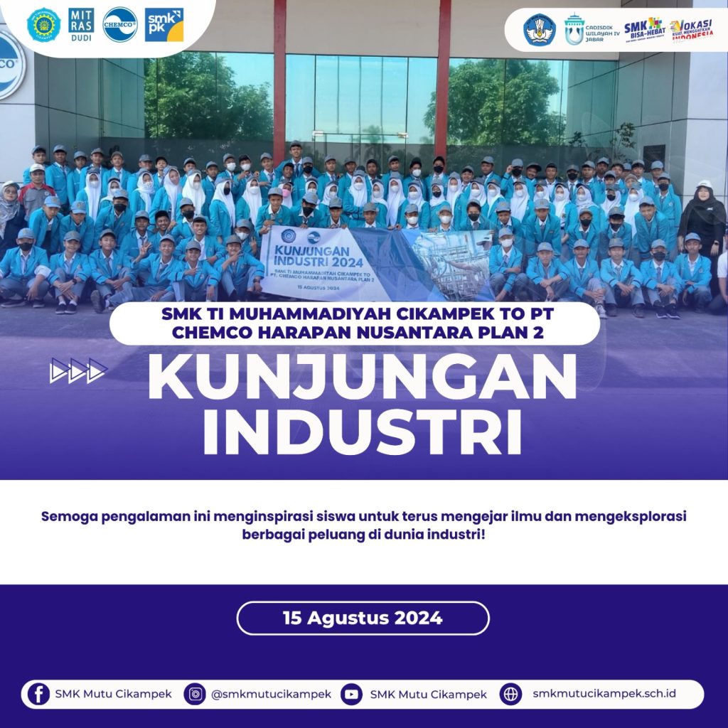 Apresiasi untuk PT Chemco Harapan Nusantara SMK TI Muhammadiyah Cikampek mengucapkan terima kasih yang sebesar-besarnya kepada tim PT Chemco Harapan Nusantara Plan 2 atas sambutan hangat dan berbagi pengetahuan yang sangat berharga. Pengalaman ini tentunya akan menjadi bekal penting bagi siswa-siswi SMK TI Muhammadiyah Cikampek dalam mengembangkan karier mereka di masa depan.