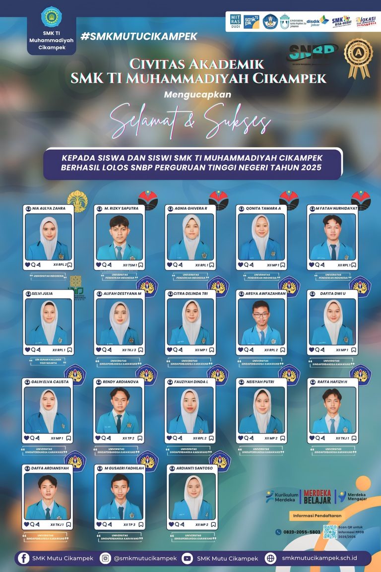 Selamat & Sukses Kepada Siswa Dan Siswi SMK TI MUHAMMADIYAH CIKAMPEK Berhasil Lolos Snbp Perguruan Tinggi Negeri Tahun 2025